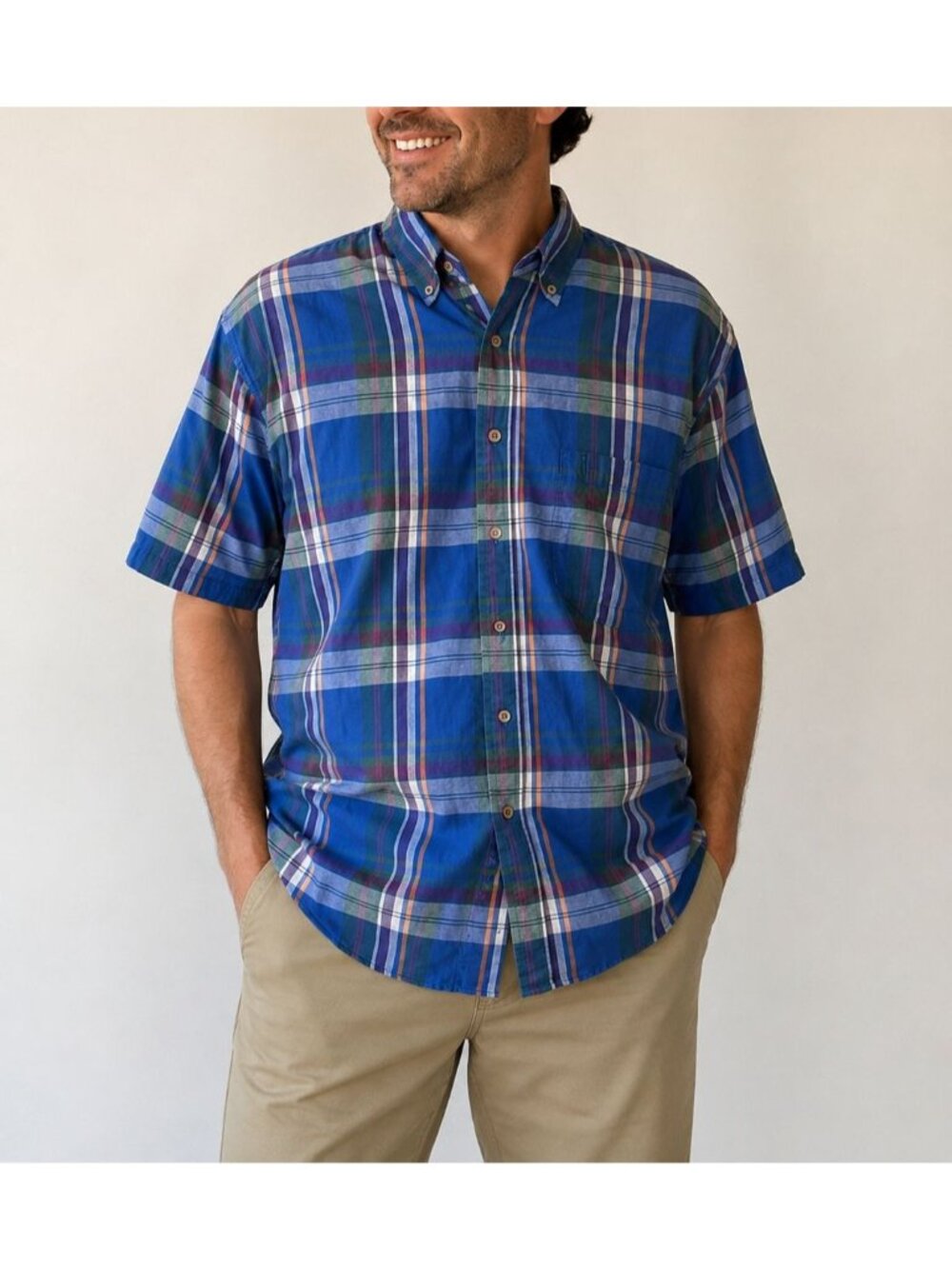 Stanley Blacker Vintage Plaid Button Down Shirt  Short Sleeve Cotton